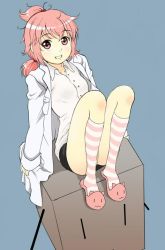 Rule 34 | 1girl, character request, full body, lab coat, looking at viewer, pink eyes, pink hair, shimura (hosshi), short hair, simple background, slippers, smile, socks, solo, striped clothes, striped legwear, striped socks