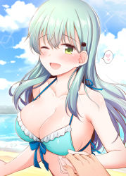 Rule 34 | 1girl, alternate costume, aqua hair, bare shoulders, beach, bikini, blue sky, blush, bow, breasts, cleavage, cloud, collarbone, commentary request, day, green eyes, hair between eyes, hair ornament, hairclip, halterneck, heart, highres, holding, holding hands, kantai collection, large breasts, long hair, looking at viewer, one eye closed, open mouth, outdoors, rui shi (rayze ray), sand, sky, smile, spoken heart, string bikini, suzuya (kancolle), swimsuit, water