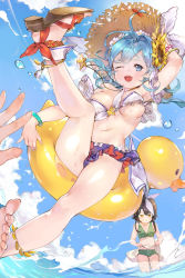 Rule 34 | 2girls, :|, ahoge, ankle cuffs, anklet, arm up, bad id, bad pixiv id, bare arms, bare shoulders, barefoot, bikini, bikini skirt, bikini top lift, bird, black hair, blue eyes, blue hair, blue sky, bow, bow bikini, bracelet, breasts, closed mouth, clothes lift, cloud, contrail, cross-laced footwear, day, detached sleeves, duck, earrings, empty eyes, eyelashes, feet, fingernails, flower, flower earrings, frilled bikini, frills, green bikini, green bow, hair bow, hair flower, hair intakes, hair ornament, hat, hat bow, highres, inflatable toy, innertube, jewelry, leg up, lens flare, long hair, looking at viewer, medium breasts, midair, multiple girls, navel, necklace, one eye closed, open mouth, out of frame, outdoors, pendant, red bow, sandals, sarong, short hair with long locks, sidelocks, sita vilosa, sky, small breasts, standing, star (symbol), stomach, strapless, straw hat, sunflower, sunflower hair ornament, swim ring, swimsuit, sword girls, toenails, toes, tom sun, underboob, wading, water drop, wet, white bow, white flower, yellow eyes, yellow flower
