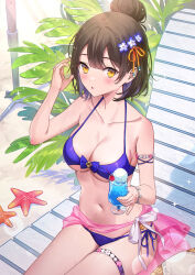 Rule 34 | 1girl, :o, absurdres, adjusting hair, beach, bikini, bra, breasts, brown dust 2, brown hair, cleavage, collarbone, commentary request, cup, highres, holding, holding cup, juice, looking at viewer, looking to the side, medium breasts, miniskirt, navel, outdoors, panties, partial commentary, pink skirt, purple bra, purple panties, rangu, seaside, sitting, skirt, solo, stomach, sunlight, swimsuit, underwear, yellow eyes