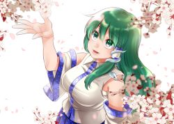 Rule 34 | 1girl, bare shoulders, breasts, cherry blossoms, cowboy shot, detached sleeves, flower, green eyes, green hair, hair ornament, hair tubes, kochiya sanae, large breasts, long hair, looking up, nora wanko, open mouth, petals, sarashi, smile, snake hair ornament, solo, touhou, upper body, white background