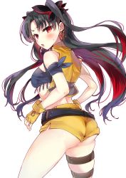 Rule 34 | 1girl, ass, bad id, bad twitter id, bare shoulders, belt, black belt, black hair, blush, breasts, brown belt, commentary request, earrings, fate/grand order, fate (series), fingerless gloves, gloves, hair ornament, highres, hoop earrings, ishtar (fate), jewelry, leg belt, long hair, looking at viewer, looking to the side, medium breasts, multicolored hair, open clothes, open mouth, open vest, parted bangs, red eyes, red hair, short shorts, shorts, simple background, skindentation, solo, space ishtar (fate), space ishtar (second ascension) (fate), sweat, tomozero, two-tone hair, two side up, very long hair, vest, white background, yellow gloves, yellow shorts, yellow vest