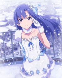 Rule 34 | 10s, 1girl, artist request, asymmetrical clothes, blue hair, blurry, brown eyes, collar, depth of field, dress, gloves, hair ornament, idolmaster, idolmaster (classic), idolmaster million live!, kisaragi chihaya, long hair, looking at viewer, official art, railing, smile, snow, snowflake hair ornament, solo, strapless, strapless dress, white dress, white gloves