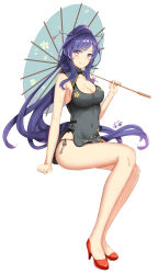 Rule 34 | 1girl, absurdres, alternate costume, bare legs, breasts, cleavage, cleavage cutout, clothing cutout, collarbone, dress, floral print, flower ornament, from side, full body, green dress, green umbrella, hair ornament, hair over shoulder, hand rest, high collar, high heels, highres, holding, holding umbrella, kanzashi, large breasts, long hair, looking at viewer, no legwear, oil-paper umbrella, panties, red footwear, shinano (warship girls r), shoes, short dress, side-tie panties, side slit, sideboob, sitting, sleeveless, sleeveless dress, smile, solo, swept bangs, umbrella, underwear, very long hair, warship girls r, white background, zhudacaimiao