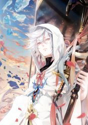 Rule 34 | 1boy, bad id, bad pixiv id, bishounen, blue ribbon, cloud, cloudy sky, commentary request, crystal, day, evening, fate/grand order, fate (series), floating, floating object, gradient hair, hair between eyes, half-closed eyes, highres, holding, holding staff, holding weapon, hood, hood up, hooded robe, levitation, light brown hair, light smile, long hair, looking away, looking up, male focus, merlin (fate/stay night), mizutame tori, multicolored hair, outdoors, outstretched hand, petals, pink ribbon, purple eyes, ribbon, robe, sky, smile, solo, staff, tassel, turtleneck, weapon, white hair, white robe