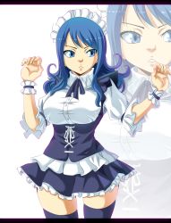 Rule 34 | 1girl, blue eyes, blue hair, border, breasts, fairy tail, highres, juvia lockser, long hair, maid, ribbon, simple background, tagme, thighhighs, zoom layer