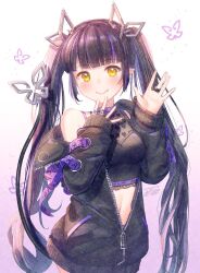 Rule 34 | 1girl, black hair, black jacket, black shirt, blunt bangs, blush, breasts, closed mouth, commentary, commission, cowboy shot, crop top, demon girl, demon horns, demon tail, glint, gradient background, heart, heart print, horns, ittokyu, jacket, jewelry, kojo anna, kojo anna (1st costume), long hair, long sleeves, looking at viewer, medium bangs, medium breasts, midriff, multicolored hair, nanashi inc., navel, off shoulder, open clothes, open jacket, pointy ears, print shirt, purple background, purple hair, ring, shirt, sleeveless, sleeveless shirt, smile, solo, symbol-only commentary, tail, twintails, two-tone hair, virtual youtuber, waving, yellow eyes, zipper