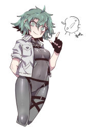 Rule 34 | 1girl, ahoge, aqua eyes, aqua hair, arm behind back, black gloves, bodysuit, breast pocket, breasts, closed mouth, covered navel, cropped legs, cross, fingerless gloves, gloves, grey bodysuit, hair between eyes, highres, index finger raised, nyong nyong, original, pocket, scar, scar across eye, scar on face, short hair, simple background, sleeves pushed up, small breasts, smile, solo, white background
