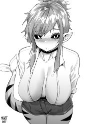 Rule 34 | 1girl, artist name, belt, black sclera, breasts, breasts apart, collared shirt, colored sclera, commission, cowboy shot, facing viewer, greyscale, high ponytail, highres, large breasts, legs together, looking at viewer, monochrome, no bra, norman maggot, original, pointy ears, shirt, short shorts, shorts, sidelocks, solo, standing, tail