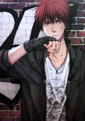 Rule 34 | 1boy, against wall, alternate costume, black gloves, black jacket, blood, brick wall, closed mouth, cuts, eyebrows, fingerless gloves, frown, gloves, graffiti, highres, hood, hood down, hooded jacket, injury, jacket, jewelry, kagami taiga, kuroko no basuke, looking at viewer, male focus, necklace, open clothes, open jacket, print shirt, red eyes, red hair, ring, ring necklace, shadow, shirt, short hair, solo, white shirt, xuan zhi yue ying