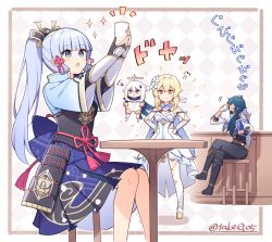 Rule 34 | 1boy, 3girls, argyle, argyle background, argyle clothes, armor, armored dress, ayaka (genshin impact), bare shoulders, black gloves, black pants, blonde hair, blue eyes, blue hair, blue jacket, blush, blush stickers, brown eyes, chair, closed mouth, commentary request, cup, dark blue hair, dress, drinking, fingerless gloves, floating, flower, fur trim, genshin impact, gleam, gloves, hair between eyes, hair flower, hair ornament, halo, hands on own hips, highres, holding, holding cup, jacket, japanese armor, japanese clothes, kaeya (genshin impact), light blue hair, long hair, lumine (genshin impact), mechanical halo, multiple girls, open mouth, paimon (genshin impact), pants, partially fingerless gloves, ponytail, puff of air, purple eyes, scarf, short sleeves, sidelocks, sitting, smile, sparkle, standing, star (symbol), star hair ornament, t@ke-g, table, twitter username, very long hair, white dress, white flower, white hair, white legwear, white scarf, wide sleeves, wooden chair, wooden table