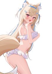 Rule 34 | 1girl, absurdres, animal ears, bare shoulders, bikini, blonde hair, blue hair, breast hold, breasts, dog ears, dog tail, fang, fuwawa abyssgard, highres, hololive, hololive english, kimchizu, large breasts, long hair, looking at viewer, multicolored hair, purple eyes, skin fang, solo, streaked hair, swimsuit, tail, virtual youtuber, white bikini
