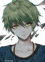 Rule 34 | 1boy, @ (symbol), amami rantaro, artist name, closed mouth, collarbone, commentary request, danganronpa (series), danganronpa v3: killing harmony, ear piercing, earrings, green eyes, green hair, hair between eyes, jewelry, looking at viewer, male focus, necklace, piercing, portrait, sakuyu, shirt, short hair, solo, striped clothes, striped shirt