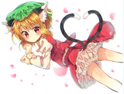 Rule 34 | 1girl, :o, alternate hair color, animal ears, blonde hair, bloomers, blurry, blush, cat ears, cat tail, chen, commentary request, cropped legs, depth of field, earrings, extra ears, frilled skirt, frills, from side, green hat, hat, heart, heart tail, high collar, highres, jewelry, juliet sleeves, long sleeves, looking at viewer, lying, mob cap, multiple tails, on stomach, paw pose, petals, petticoat, puffy sleeves, red eyes, red skirt, red vest, seika okawari, shiny skin, shirt, short hair, simple background, single earring, skirt, sleeve cuffs, solo, star (symbol), tail, tareme, thighs, touhou, two tails, underwear, vest, white background, white shirt