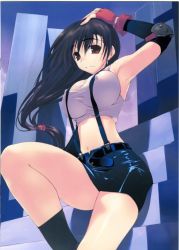 Rule 34 | 1girl, amazuyu tatsuki, arm up, armpits, belt, black hair, black socks, breasts, brown eyes, closed mouth, cloud, cosplay, covered erect nipples, crop top, detached sleeves, elbow pads, final fantasy, final fantasy vii, fingerless gloves, floating hair, from side, genshiken, gloves, hair between eyes, hand on own head, knee up, large breasts, light smile, long hair, looking at viewer, low-tied long hair, midriff, miniskirt, mole, mole under eye, mole under mouth, oono kanako, outdoors, pencil skirt, scan, scrunchie, shadow, shiny clothes, sitting, skirt, sky, smile, socks, solo, stairs, suspender skirt, suspenders, tank top, taut clothes, thighs, tifa lockhart, tifa lockhart (cosplay), very long hair