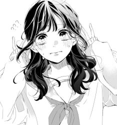 Rule 34 | 1girl, ?, black hair, cardigan, closed mouth, commentary, crying, crying with eyes open, furusato kou, grey neckerchief, greyscale, hair over shoulder, hands up, highres, long hair, long sleeves, looking at viewer, monochrome, neckerchief, original, school uniform, serafuku, simple background, sleeves past wrists, solo, symbol-only commentary, tears, unkempt, upper body, wavy mouth, white background