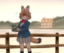 Rule 34 | 1girl, animal ears, black socks, blue jacket, blush, bow, bowtie, brown eyes, collared shirt, dhole (kemono friends), dog ears, dog girl, dog tail, extra ears, grey skirt, highres, jacket, kemono friends, kemono friends 3, light brown hair, long sleeves, looking at viewer, nyororiso (muyaa), official alternate costume, pleated skirt, red bow, red bowtie, school uniform, shirt, short hair, sidelocks, skirt, smile, socks, solo, tail, upper body, white hair, white shirt