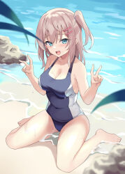 Rule 34 | 100, 100percent park, 1girl, barefoot, beach, blue eyes, blue one-piece swimsuit, blurry, blurry foreground, boku to kanojo no onani life, breasts, brown hair, cleavage, commentary request, competition swimsuit, covered navel, day, depth of field, double v, hair ornament, hair tie, hairclip, looking at viewer, medium breasts, medium hair, naomi (boku to kanojo no onani life), one-piece swimsuit, one side up, open mouth, outdoors, rock, sitting, smile, solo, swimsuit, v, wariza, water, wet, yumehiko