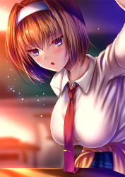 Rule 34 | 1girl, akeyama kitsune, blue skirt, blush, breasts, brown hair, classroom, clothes around waist, commentary request, hairband, kushida kikyou, large breasts, long sleeves, looking at viewer, necktie, original, plaid, plaid skirt, red necktie, school uniform, shirt, short hair, skirt, solo, tie clip, white hairband, white shirt