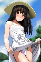 Rule 34 | 1girl, bare arms, bare shoulders, black hair, blue sky, blurry, blurry background, blush, bow, brown eyes, closed mouth, clothes lift, cloud, day, depth of field, dress, dress lift, floral print, hat, highres, lifted by self, long hair, looking at viewer, matsunaga kouyou, nose blush, one-piece swimsuit, original, outdoors, polka dot, polka dot dress, print swimsuit, sky, sleeveless, sleeveless dress, smile, solo, standing, sun hat, sundress, swimsuit, tree, upskirt, white bow