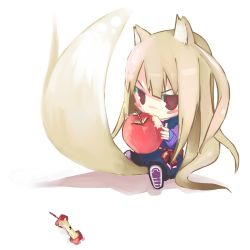 Rule 34 | 00s, 1girl, angry, animal ears, apple, chibi, food, fruit, holding, holding food, holding fruit, holo, kanikama, lowres, red eyes, solo, spice and wolf, tail, wolf ears, wolf tail