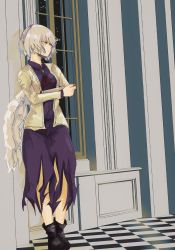 Rule 34 | 1girl, absurdres, against wall, ascot, beige jacket, black footwear, boots, braid, brooch, brown eyes, checkered floor, collared dress, crossed arms, dress, feathered wings, french braid, half-closed eyes, highres, indoors, jacket, jewelry, kishin sagume, long sleeves, looking to the side, purple dress, short hair, single wing, sketch, solo, standing, suit jacket, totopepe888, touhou, white hair, white wings, window, wings