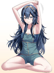 Rule 34 | 1girl, alternate costume, ameno (a meno0), armpits, arms up, blue eyes, blue hair, breasts, collarbone, crossed legs, family, fire emblem, fire emblem awakening, flat chest, grabbing own arm, hand on own elbow, long hair, looking at viewer, loungewear, lucina (fire emblem), nintendo, sitting, small breasts, smile, solo, tiara