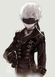 Rule 34 | 1boy, 2017, artist name, black gloves, blindfold, capriccio, choker, closed mouth, commentary, dated, facing viewer, gloves, grey background, hand on own hip, hibanar, long sleeves, male focus, md5 mismatch, nier:automata, nier (series), signature, simple background, solo, strap, upper body, white hair, 9s (nier:automata)