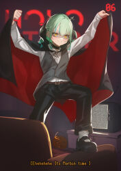 Rule 34 | 1girl, absurdres, ankle socks, antlers, arms up, black cape, black choker, black pants, blush, braid, cape, ceres fauna, choker, closed mouth, fangs, fangs out, french braid, gradient hair, green hair, grey vest, halloween bucket, halloween costume, highres, hololive, hololive english, horns, indoors, it&#039;s morbin&#039; time (meme), lace-trimmed choker, lace trim, long hair, long sleeves, looking at viewer, mary janes, meme, midorimae, multicolored hair, pants, parted hair, red cape, shirt, shoes, socks, solo, thighs, two-sided cape, two-sided fabric, two side up, vampire costume, vest, virtual youtuber, white shirt, white socks