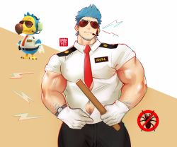 Rule 34 | 1boy, animal crossing, artist name, bara, barayot, black pants, blue hair, closed mouth, facial hair, gloves, headset, highres, large pectorals, male focus, microphone, muscular, muscular male, necktie, nintendo, pants, pectorals, personification, shirt, short hair, solo, spiked hair, sunglasses, watch, white gloves, white shirt, wilbur (animal crossing), wristwatch