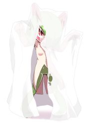 Rule 34 | 1girl, absurdres, arms up, blush, breasts, collarbone, colored skin, creatures (company), ddingyong, fang, female focus, full body, game freak, gen 3 pokemon, ghost costume, green hair, green skin, hair over one eye, highres, kirlia, looking at viewer, multicolored skin, nintendo, one eye covered, open mouth, patch, pigeon-toed, pokemon, pokemon (creature), red eyes, see-through, short hair, sidelocks, simple background, small breasts, solo, standing, stitches, torn clothes, transparent background, two-tone skin, white skin