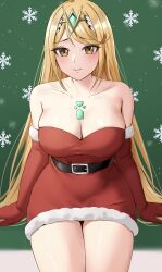 Rule 34 | absurdres, amayo thranana, belt, blonde hair, blush, breasts, chest jewel, cleavage, closed mouth, cowboy shot, dress, elbow gloves, fur-trimmed dress, fur-trimmed gloves, fur trim, gloves, highres, large breasts, long hair, looking at viewer, mythra (xenoblade), red dress, red gloves, santa dress, short dress, snowflakes, strapless, strapless dress, swept bangs, tiara, very long hair, xenoblade chronicles (series), xenoblade chronicles 2, yellow eyes