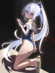 Rule 34 | 1girl, absurdres, amamiyayk, ass, bare legs, bare shoulders, blue archive, blue one-piece swimsuit, blush, bow, casual one-piece swimsuit, cellphone, cellphone picture, frilled one-piece swimsuit, frills, grey hair, hair bow, highleg, highleg swimsuit, highres, holding, holding phone, kneeling, long hair, looking at viewer, looking to the side, miyako (blue archive), miyako (swimsuit) (blue archive), official alternate costume, one-piece swimsuit, phone, ponytail, purple eyes, sandals, shadow, smile, solo, swimsuit, very long hair