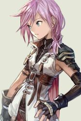Rule 34 | 1girl, armpits, black gloves, blue eyes, closed mouth, collared vest, elbow gloves, final fantasy, final fantasy xiii, fingerless gloves, gloves, hungry clicker, lightning farron, pink hair, single elbow glove, solo, square enix, upper body, vest, white vest