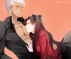 Rule 34 | 1boy, 1girl, archer (fate), bad id, bad pixiv id, blue eyes, brown eyes, brown hair, command spell, dark skin, dark-skinned male, fate/hollow ataraxia, fate/stay night, fate (series), hair ribbon, hand on another&#039;s chest, open clothes, open shirt, ribbon, shirt, thighhighs, tohsaka rin, two side up, white hair, xxx yc05