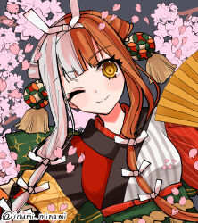 Rule 34 | 1girl, absurdres, brown eyes, cherry blossoms, fate/grand order, fate (series), folding fan, hand fan, highres, izumi minami, izumo no okuni (fate), japanese clothes, kimono, long hair, multicolored hair, one eye closed, smile, split-color hair, twitter username