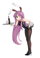 Rule 34 | 1girl, alternate costume, animal ears, black footwear, black leotard, bottle, bow, bowtie, breasts, chinese zodiac, closed mouth, commentary request, cup, drinking glass, expressionless, fishnet pantyhose, fishnets, full body, hand on own hip, harukawa moe (style), high heels, highres, holding, holding tray, keiki8296, leaning forward, leotard, long hair, looking at viewer, medium breasts, official style, one eye closed, pantyhose, parody, playboy bunny, purple hair, rabbit ears, rabbit girl, rabbit tail, raised eyebrow, reisen udongein inaba, simple background, solo, standing, style parody, sweatdrop, tail, touhou, tray, very long hair, white background, wine bottle, wine glass, wrist cuffs, year of the rabbit