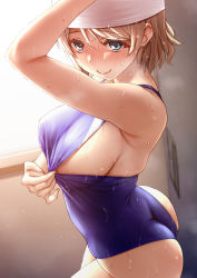 Rule 34 | 1girl, armpits, ass, blue eyes, blue one-piece swimsuit, blush, breasts, brown hair, competition swimsuit, highres, large breasts, love live!, love live! sunshine!!, one-piece swimsuit, rokko, short hair, sideboob, swim cap, swimsuit, watanabe you, wet, window