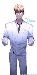 Rule 34 | 1boy, brown eyes, brown hair, closed mouth, emiopolos, formal, hands up, highres, jacket, light brown hair, long hair, looking at viewer, looking to the side, open mouth, pants, shirt, simple background, smile, solo, solo leveling, suit, white background, white jacket, white pants, white shirt, white suit, yoo jin-ho