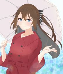 Rule 34 | 1girl, aqua eyes, artist name, artist request, audrey (love live!), belt, black bow, blue eyes, blush, bow, breasts, brown hair, buttons, coat, collarbone, collared coat, dress, female focus, hair between eyes, hair bow, highres, holding, holding umbrella, long hair, long sleeves, looking at viewer, love live!, love live! nijigasaki high school idol club, love live! school idol festival, medium breasts, osaka shizuku, parted lips, ponytail, red belt, red coat, red dress, red ribbon, red skirt, ribbon, sidelocks, skirt, smile, solo, striped, striped bow, trench coat, umbrella, white bow