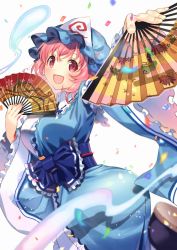 Rule 34 | 1girl, :d, black ribbon, black socks, blue dress, blue hat, blue sash, blush, breasts, commentary request, dress, facing viewer, fingernails, floating, folding fan, frilled sleeves, frills, hand fan, hands up, happy, hat, hitodama, holding, holding fan, kapuchii, large breasts, leaning to the side, long sleeves, looking at viewer, medium hair, mob cap, neck ribbon, obi, open mouth, pink eyes, pink hair, pointing, pointing at self, ribbon, saigyouji yuyuko, sandals, sash, simple background, smile, socks, solo, touhou, triangular headpiece, white background, wide sleeves