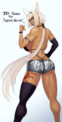 Rule 34 | 1girl, aka6, animal ears, armlet, ass, back, backboob, bare shoulders, biceps, bikini, black bikini, black gloves, black hairband, black thighhighs, blue eyes, breasts, caenis (fate), check translation, clothes writing, commentary, dark-skinned female, dark skin, elbow gloves, english commentary, english text, fang, fate/grand order, fate (series), fingernails, gloves, grey background, hair intakes, hairband, highres, horse ears, huge breasts, kneepits, leg tattoo, looking back, low ponytail, muscular, muscular female, nose, pointing, pointing at self, sharp fingernails, short shorts, shorts, single elbow glove, single thighhigh, solo, standing, swimsuit, tattoo, teeth, thick thighs, thighhighs, thighs, thong bikini, translated, translation request, underboob, upper teeth only, whale tail (clothing), white hair