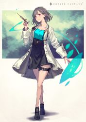 Rule 34 | 1girl, belt, blush, breasts, closed mouth, coat, collarbone, doctor, english text, full body, gradient hair, grey hair, highres, holding, holding needle, holding syringe, kusano shinta, lab coat, light smile, long sleeves, looking at viewer, multicolored hair, needle, open clothes, open coat, original, red eyes, shoes, short hair, simple background, sleeve cuffs, smile, solo, squirting liquid, standing, stethoscope, symbol, syringe