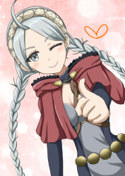 Rule 34 | 1girl, ahoge, braid, breasts, capelet, commentary request, fire emblem, fire emblem fates, grey eyes, grey hair, hairband, heart, highres, hood, hooded capelet, hoodie, long hair, looking at viewer, low twin braids, medium breasts, nina (fire emblem), nintendo, o-ring, one eye closed, parted bangs, patty ojisan, pointing, pointing at viewer, red capelet, smile, solo, twin braids, white hairband