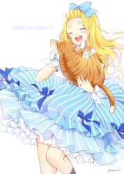 Rule 34 | 1girl, :d, ^ ^, animal, bangs pinned back, blonde hair, blue bow, blue dress, blush, bow, cat, closed eyes, commentary request, dancing, dress, english text, hair bow, hazuki natsu, highres, holding, holding animal, holding cat, long hair, open mouth, original, ribbon, round teeth, smile, solo, striped clothes, striped dress, teeth, twitter username, upper teeth only, vertical-striped clothes, vertical-striped dress, white ribbon, wrist ribbon