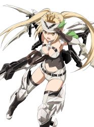 Rule 34 | 1girl, absurdres, belt, blonde hair, boots, braid, breasts, busou shinki, commentary request, corset, covered navel, edelweiss (megami device), elbow gloves, gloves, gun, highres, holding, holding gun, holding weapon, kumichou (ef65-1118-ef81-95), large breasts, layered gloves, long hair, mecha musume, megami device, open mouth, pointy ears, rifle, short shorts, shorts, single bare shoulder, sleeveless, sword, thighhighs, twintails, visor cap, weapon, white background, yellow eyes