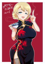 Rule 34 | 1girl, absurdres, alternate costume, birthday, black dress, black thighhighs, blonde hair, blue eyes, border, braid, braided bun, breasts, bright pupils, character name, china dress, chinese clothes, commentary request, cup, darjeeling (girls und panzer), dated, dress, fishnet thighhighs, fishnets, floral print, flower, girls und panzer, hair bun, half-closed eyes, highres, holding, holding cup, index finger raised, large breasts, looking at viewer, open mouth, outside border, partial commentary, print dress, red background, shinkuukan (tetsuo3), short hair, side slit, simple background, sleeveless, sleeveless dress, smile, solo, sparkle, spider lily, spider lily print, standing, steam, teacup, thighhighs, translated, twin braids, white border, white pupils