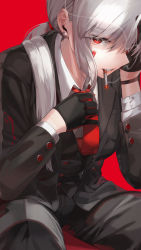 Rule 34 | 1girl, absurdres, adjusting clothes, adjusting necktie, black gloves, black pants, black suit, blood, blood on face, breasts, cigarette, clenched teeth, collared shirt, commentary, earbuds, earphones, earrings, english commentary, eyes visible through hair, formal, gloves, hand on own face, highres, jewelry, kfr, lips, long sleeves, looking at viewer, medium breasts, medium hair, necktie, original, pants, photoshop (medium), ponytail, red background, red eyes, red necktie, shirt, silver hair, simple background, sitting, smoking, solo, suit, teeth, white shirt