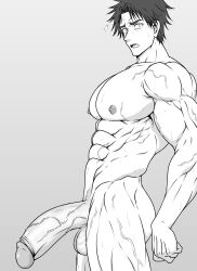 1boy abs ass bara flaccid girthy_penis greyscale highres huge_penis large_pectorals looking_at_viewer male_focus manly mature_male monochrome muscular muscular_male nipples pectorals penis rick_gladiartle shinmai_ossan_bokensha short_hair simple_background solo surprised sweat sweatdrop testicles thick_arms thick_eyebrows thick_thighs thighs veins white12071997