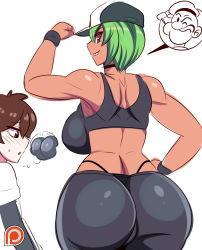 Rule 34 | 1girl, ass, breasts, green hair, highres, huge ass, large breasts, muscular, popeye, smile, teddy jack